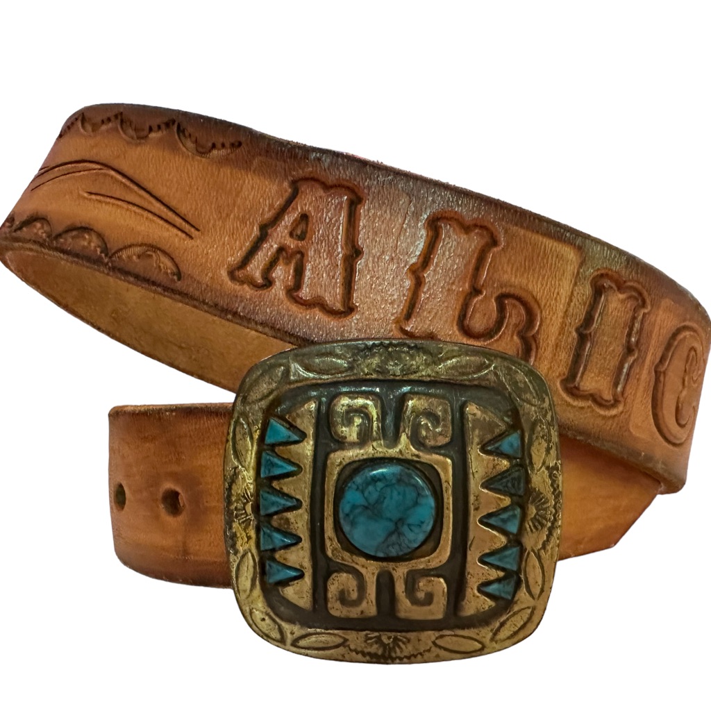 Vintage Western Leather Branded Belt Brass Buckle